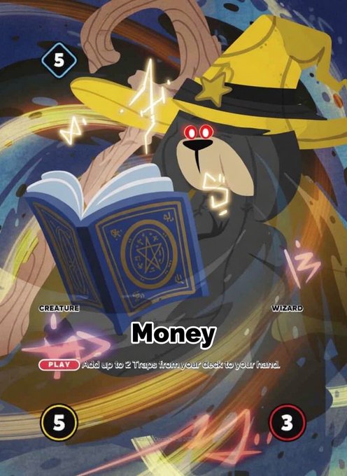 A trading card featuring a wizard bear character in a yellow hat casting a spell from a book, titled 'Money' with the ability to add 2 Traps from deck to hand (5 cost).