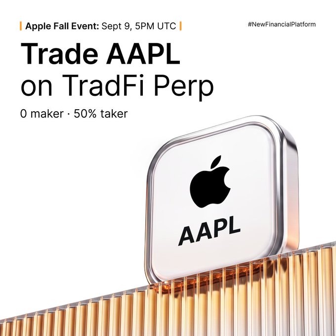 A promotional graphic for Bybit TradFi advertising AAPL perpetual contract trading ahead of Apple's Fall Event on September 9, featuring a metallic Apple logo coin stamped with "AAPL" and highlighting 0 maker fees plus 50% off taker fees, aligning with the post's invitation for traders to act on their bullish or bearish bias.