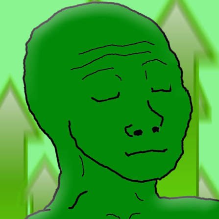 A simplistic digital drawing of a bald, green-tinted humanoid face with closed eyes and a neutral expression, set against a background of green triangular shapes.