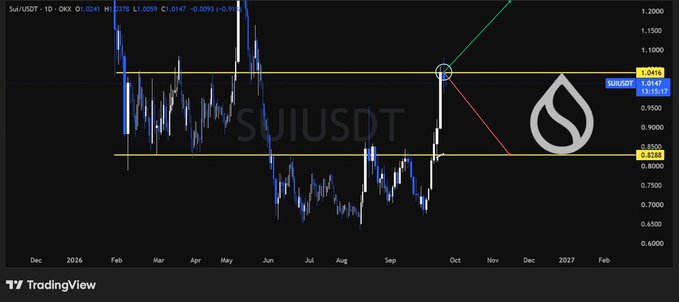 A TradingView candlestick chart for the SUI/USDT cryptocurrency pair, displaying price movements with horizontal support and resistance lines and technical analysis trend lines.