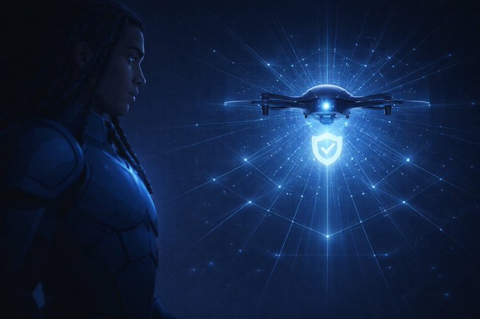 A digital illustration of a person in profile looking at a glowing drone with a shield icon, set against a dark blue background with a radiating network of stars and lines.