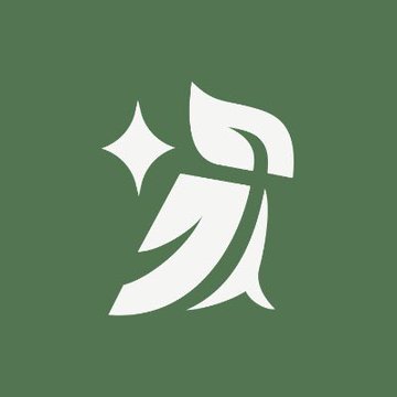 A minimalist white logo featuring a stylized letter or symbol accompanied by a sparkle on a solid dark green background.