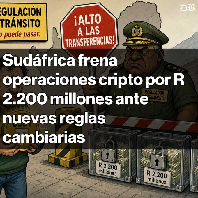 A Spanish-language news graphic from 'DB' showing an illustrated authority figure stopping crypto operations, with text reading 'Sudáfricaf frena operaciones cripto por R 2.200 millones ante nuevas reglas cambiarias' (South Africa halts crypto operations worth R 2.2 billion due to new exchange rules).