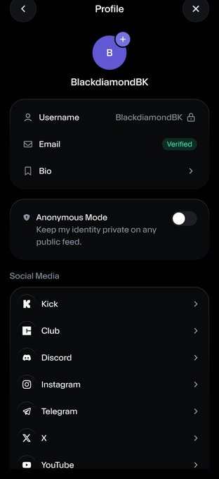 A mobile app profile screen for user "BlackdiamondBK" shows a verified email, an anonymous mode toggle, and links to social media platforms including Kick, Clubhouse, Discord, Instagram, Telegram, X, and YouTube.