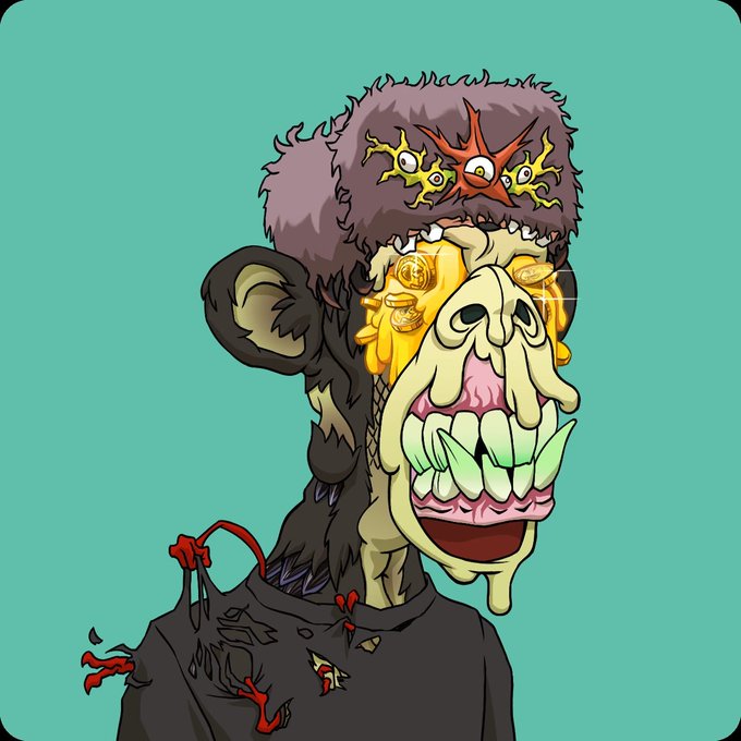 A cartoon illustration of a grotesque zombie-like monkey character with bulging yellow eyes, a large toothy grin, a furry hat adorned with star-shaped eyes, set against a teal background.