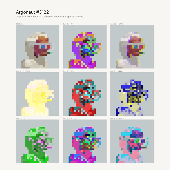 A digital artwork display titled "Argonaut #3122" showing the original pixel art character and eight color variations labeled with generation numbers.