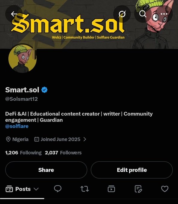 A profile page for 'Smart.sol' (@Solsmart12) describing themselves as a 'DeFi & AI | Educational content creator | writer | Community engagement | Guardian @solflare' based in Nigeria, with 2,037 followers.