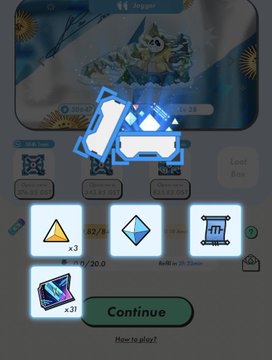 A mobile game interface showing in-game rewards including game tickets, coins, and an EVO token, with a large animated blue fish obscuring part of the screen above a 'Continue' button.