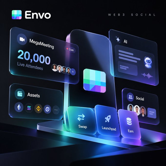 A promotional graphic for 'Envo Web3 Social' featuring panels for MegaMeeting, AI, Assets, Social, Swap, Launchpad, and Earn.
