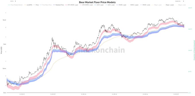 The image is a chart titled "Bear Market Floor Price Models" showing BTC/USD price movements over time, with various colored bands representing different models (Pi Cycle, 200D MA, realized price, MV/RV multiples) that historically act as bear market floors. The chart's current price level near $100,000+ correlates with the post's theme of buyer hesitation after Bitcoin approached $126,000, as the model bands illustrate historical support levels that investors reference when fearing market tops.