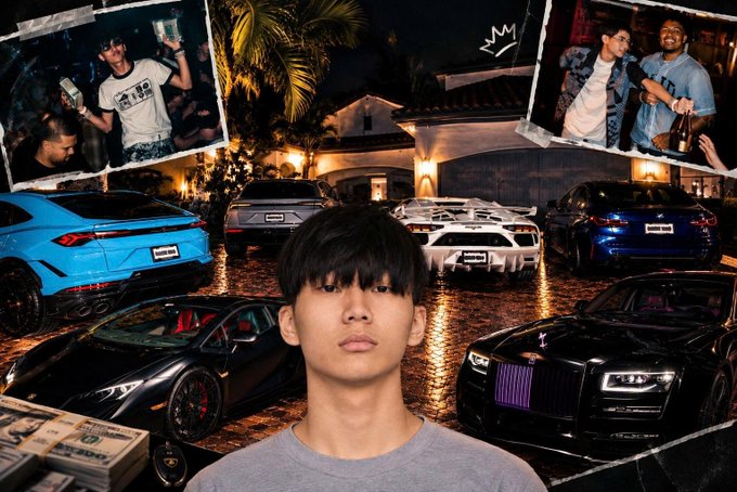 A young man is shown in front of a background collage featuring luxury sports cars and party scenes with cash and bottles.