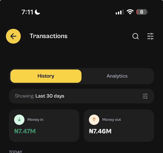 The image shows a mobile finance app's Transactions page displaying ₦7.47M in Money in and ₦7.46M in Money out over the last 30 days, resulting in nearly equal income and expenses. This perfectly illustrates the caption's sentiment of an "average month," since the user's earnings and spending were almost perfectly balanced, leaving little to no surplus to save.
