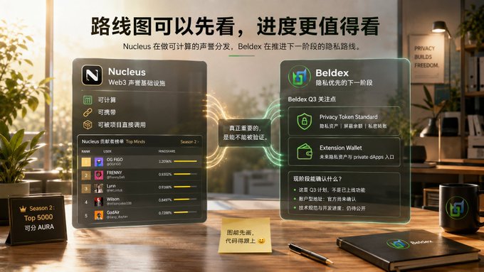 The image displays a roadmap comparison for the Nucleus Web3 reputation infrastructure project, highlighting "Season 2" with a "Top 5000 可分 AURA" tier featuring users like "OG FIDO" (1.3769%), "FRENNY" (0.9763%), "Lyn" (0.9528%), "Wilson" (0.8497%), and "GedAs" (0.7228%), alongside plans for the Beldex Q3 privacy-focused extension featuring "Privacy Token Standard" and "Extension Wallet."

The visual reinforces the post's theme by showcasing Nucleus's concrete implementation of its roadmap, demonstrating that Web3 reputation has moved beyond theoretical plans into measurable, ranked data points that projects can actually invoke.