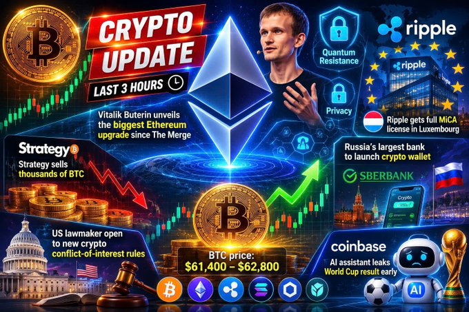 A crypto news graphic featuring Vitalik Buterin and headlines about Ethereum upgrades, Ripple's MiCA license, Russia's Sberbank crypto wallet, Strategy selling BTC, and Coinbase's AI assistant, with BTC priced $61,400–$62,800.