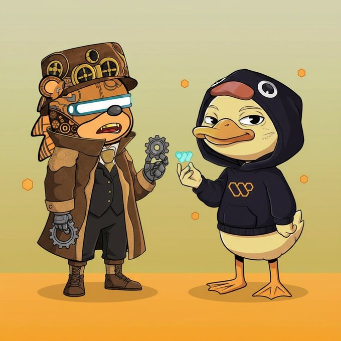 A steampunk bear with a glowing visor and mechanical gear examines a small blue gem being offered by a duck wearing a black "WS" hoodie, symbolizing a deliberate exchange of value over casual interaction—mirroring the post's theme of intentional, quality engagement being recognized by Wallchain rather than random posting for reach.