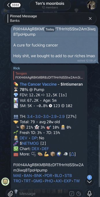 A screenshot of a Telegram chat called 'Ten's moonbois' with 42 members, featuring a pinned message about a meme coin with the contract 'FtXH4AAgR8KME...' and the title 'The Cancer Vaccine - $Intismeran'.
