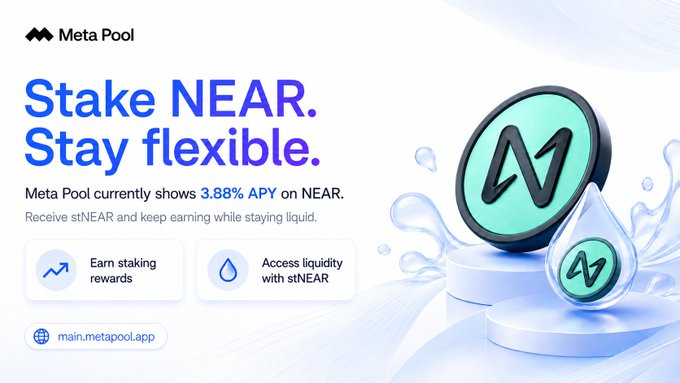 A promotional banner for Meta Pool stating 'Stake NEAR. Stay flexible.' and showing '3.88% APY on NEAR', with an illustrated 3D logo of a coin and water droplets.