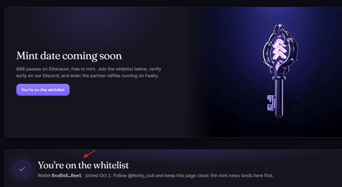 A webpage screenshot showing a 'Mint date coming soon' message with '666 passes on Ethereum', a decorative key graphic, and a 'You're on the whitelist' confirmation for Wallet '0xa6a4...8aa1' who joined on Oct 1.