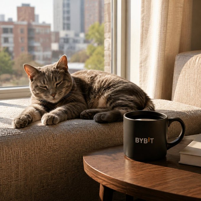 A tabby cat rests on a window seat next to a black mug labeled 'BYBIT' on a wooden table.