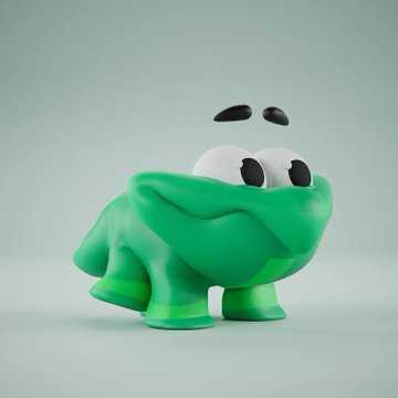A cute, stylized green 3D-rendered figurine of a frog-like character with large white eyes and two black eyebrows, appearing to be part of the Claynosaurz NFT collection. The image aligns with the post announcing a new family member pod nearing completion in the Claynosaurz lineup.