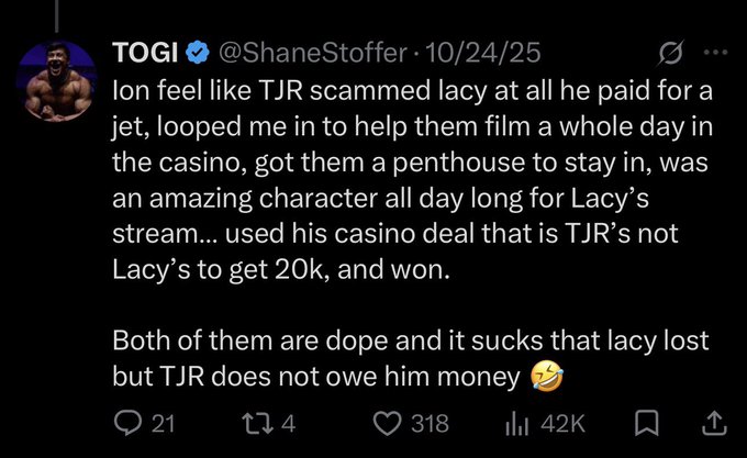 A post by TOGI (@ShaneStoffer) argues that TJR did not scam Lacy, saying TJR “does not owe him money” despite using a casino deal to win $20K. The post includes engagement counts of 21 replies, 4 reposts, 318 likes, and 42K views.