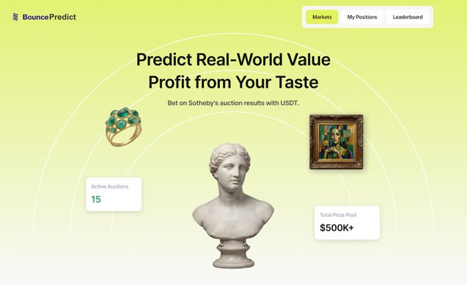A promotional graphic for BouncePredict featuring a classical bust, an emerald ring, and a framed painting, with text reading 'Predict Real-World Value Profit from Your Taste,' 'Active Auctions 15,' and 'Total Prize Pool $500K+.'