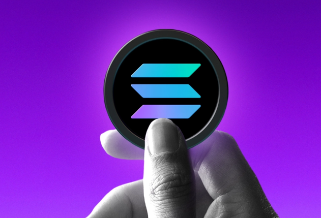A hand holds up a circular Solana coin featuring its blue and purple triple-bar logo against a vibrant purple background, symbolizing the network's latest milestone. The image visually reinforces the post's announcement of Solana's historic mainnet upgrade, which slashed block production time from 400ms down to 350ms ("SOL So11111111111111111111111111111111111111111").