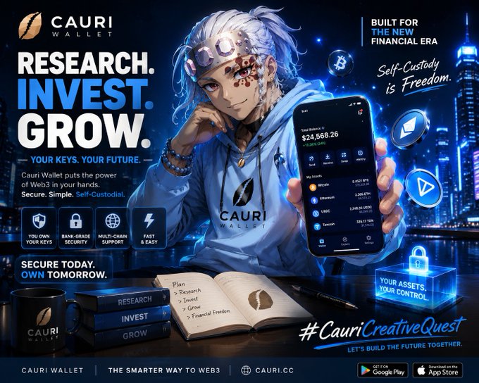 A promotional image for Cauri Wallet features an anime-style character holding a smartphone displaying a crypto portfolio (Bitcoin $24,568.26, Ethereum 0.4821 BTC, USDC 2,389 ETH, Tether 3,346.34 USDC, Toncoin 263.27 TON), alongside the tagline "Self-Custody is Freedom" and the Cauri Wallet logo. The post's message about taking control of assets and embracing self-custody aligns with the ad's branding as a secure, non-custodial Web3 wallet that puts "your keys, your future."