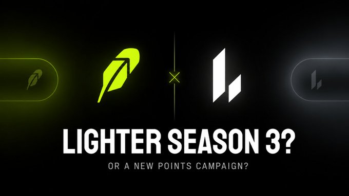 A promotional graphic with a black background features a glowing green feather logo beside a white angular "L" logo, separated by a yellow "×" symbol, with large text reading "LIGHTER SEASON 3?" and a smaller subtitle "OR A NEW POINTS CAMPAIGN?" — visually reinforcing the post's speculation about an upcoming Lighter.xyz Season 3 announcement, likely tied to their collaboration with Robinhood.
