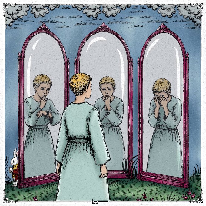 An illustration of a person in a teal robe looking into three mirrors showing different reflections of their face, with a white rabbit in a red jacket nearby.