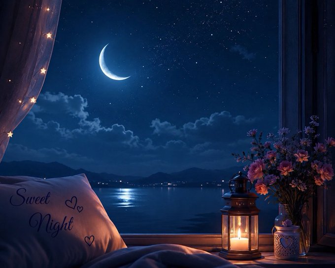 A cozy nighttime scene showing a crescent moon over a calm body of water, framed by a window with a 'Sweet Night' pillow, string lights, a lit lantern, and a vase of pink flowers.