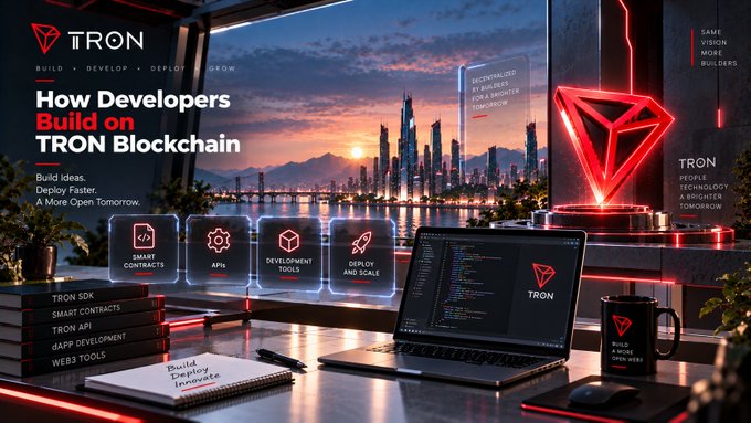 A promotional graphic for TRON Blockchain titled 'How Developers Build on TRON Blockchain' with a laptop showing code and a red TRON diamond logo.