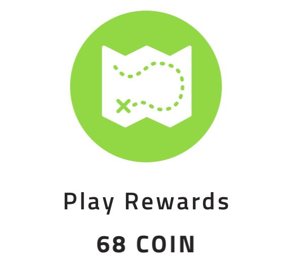 A green circular icon featuring a treasure map with a dotted route and an X marker, labeled 'Play Rewards 68 COIN' below.