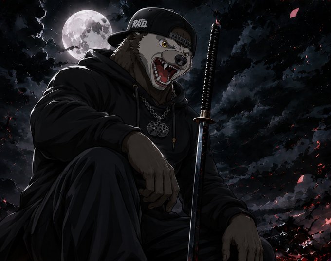 A dark anime-style illustration of a bear character wearing a black 'RATEL' cap and hoodie, holding a bloodied katana sword under a full moon with cherry blossom petals in the air.