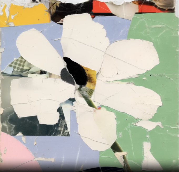 An abstract collage artwork featuring a white flower-like shape over layered torn paper in pastel blue, green, pink, and yellow tones.