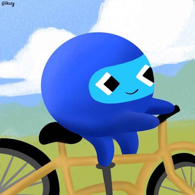 A digital illustration by @Dezzy depicting a blue ninja character riding a bicycle against a sky background.