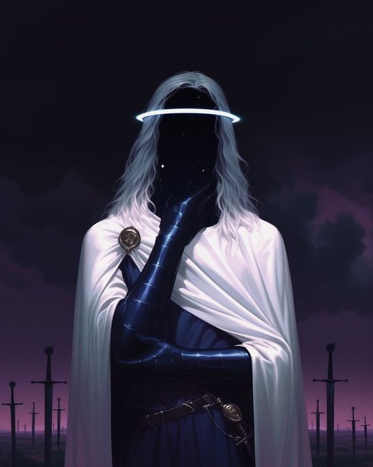 A dark fantasy illustration of a mysterious figure with long silver hair, a glowing halo, a starry void for a face, and dark metallic arms, wearing a white cloak against a backdrop of crosses.