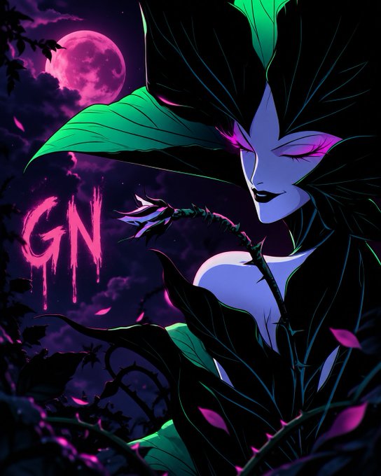 A stylized digital illustration of a dark, gothic female figure with green leafy accents, purple eyes, and a pink moon in the background, marked with 'GN'.