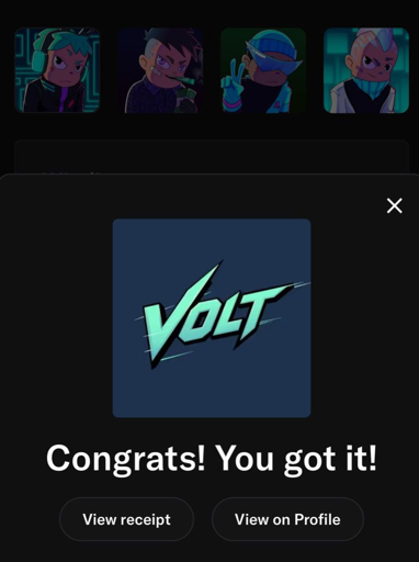 A mobile app popup displays a 'VOLT' logo with the message 'Congrats! You got it!' along with 'View receipt' and 'View on Profile' buttons, beneath a row of four cartoon-style avatar icons.
