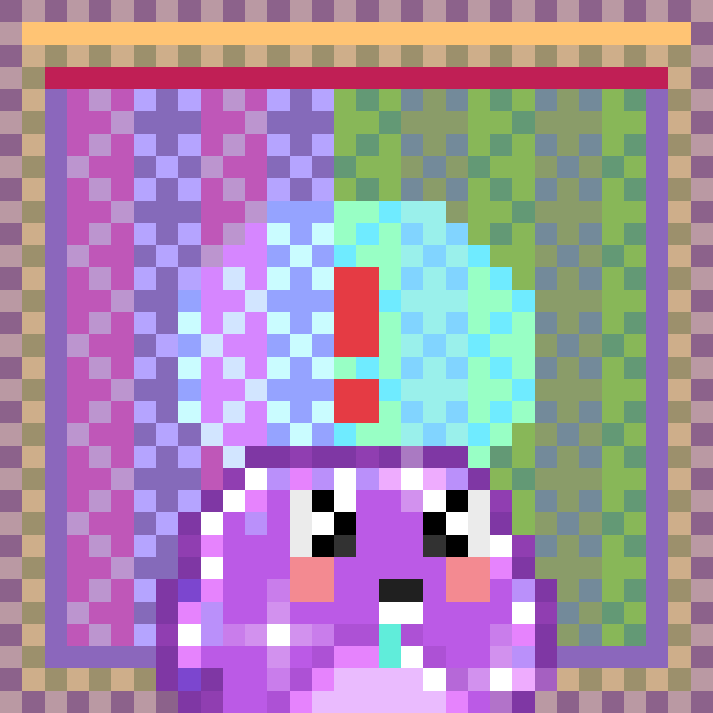 A pixel art image depicting a distressed purple character with a red exclamation mark and multicolored background.