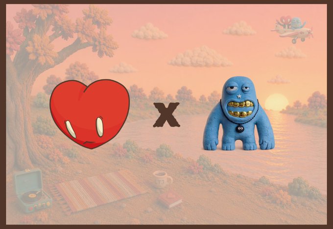 A surreal pink-toned landscape featuring a red heart character and a blue monster with gold teeth, separated by an 'x' symbol, with a small airplane in the sky.