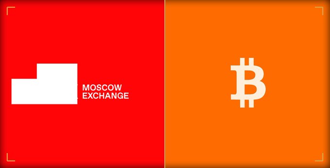Split-screen graphic showing the Moscow Exchange logo on a red background alongside the Bitcoin symbol on an orange background.