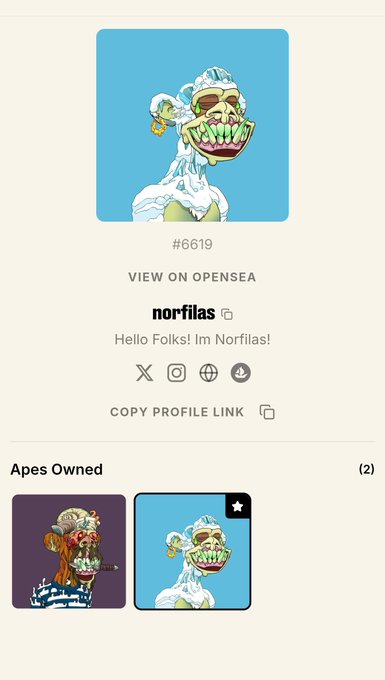An NFT profile page for 'norfilas' showing #6619, a cartoonish skull-like character, and an 'Apes Owned' section with two items.