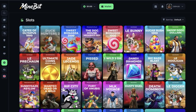 MineBit online casino slots lobby displaying various Pragmatic Play games including Gates of Olympus 1000, Sweet Bonanza, Le Bunny, Sugar Rush, and The Dog House Megaways.