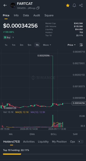 A cryptocurrency chart on Binance for 'FARTCAT' showing a price of $0.00034256, up 130.66%, with a significant price spike visible on the graph.
