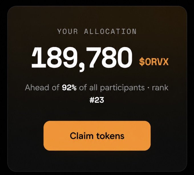 A dark-themed claim interface displays an allocation of 189,780 $ORVX tokens, noting the user is ranked #23 and ahead of 92% of participants, with an orange "Claim tokens" button below—matching the post's announcement of the $ORVX airdrop claim being live.