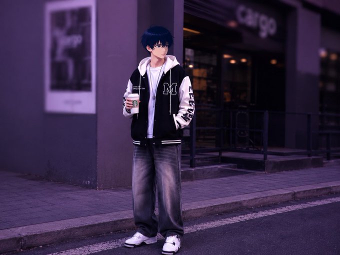 An anime-style illustration shows a young man with dark hair wearing a black varsity jacket with an 'M' logo, standing on a street at night holding a coffee cup near a 'Cargo' storefront.