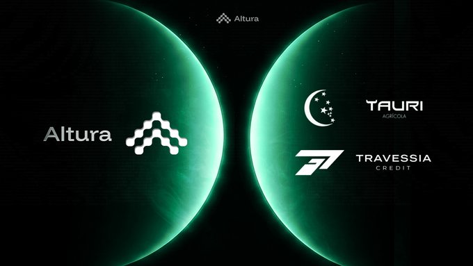 The image features a large green planet with white stars, surrounded by four logos representing different companies. The first logo is for Altura, the second one is for Treasuresia, the third one is for Travessia Credit, and the fourth one is for Altura Credit. These logos are positioned in such a way that they form a semi-circle around the planet, creating an interesting visual effect. The image also includes text that reads "Huge narrative unfolding Rwa is definitely the next big unlock for onchain liquidity @alturax expanding their strategy to fund real grain flows is massive Deploying stables to @travessiacredit to capture yield from actual commodities This is real world adoption".