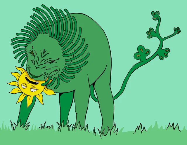 A stylized illustration of a green lion with a large mane biting or holding a smiling yellow sun, standing in grass with a distinctive curled, flower-shaped tail.