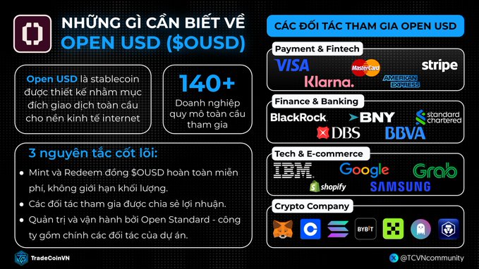 An infographic in Vietnamese titled "NHỮNG GÌ CẦN BIẾT VỀ OPEN USD ($OUSD)" explaining the stablecoin with 140+ participating enterprises and listing partners across Payment & Fintech (Visa, Mastercard, Stripe, Klarna), Finance & Banking (BlackRock, BNY, DBS, BBVA), Tech & E-commerce (IBM, Google, Grab, Shopify, Samsung), and Crypto Companies.